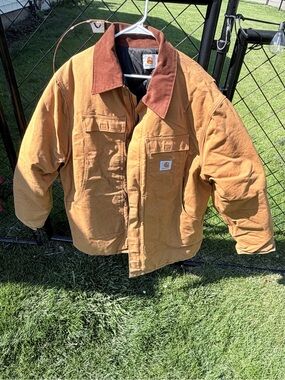 Carhartt Tan Duck Jacket with Brown Corduroy Collar